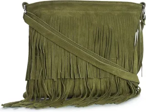 LiaTalia Womens Fringe Handbag - Real Italian Suede Leather - Tassle Effect Shoulder Bag in Medium Size - Ashley