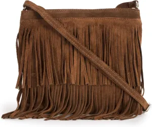 LiaTalia Womens Fringe Handbag - Real Italian Suede Leather - Tassle Effect Shoulder Bag in Small Size - Robin