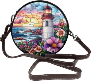 Lighthouse And Flower Women Round Crossbody Bags Leather Sling Bag Purse