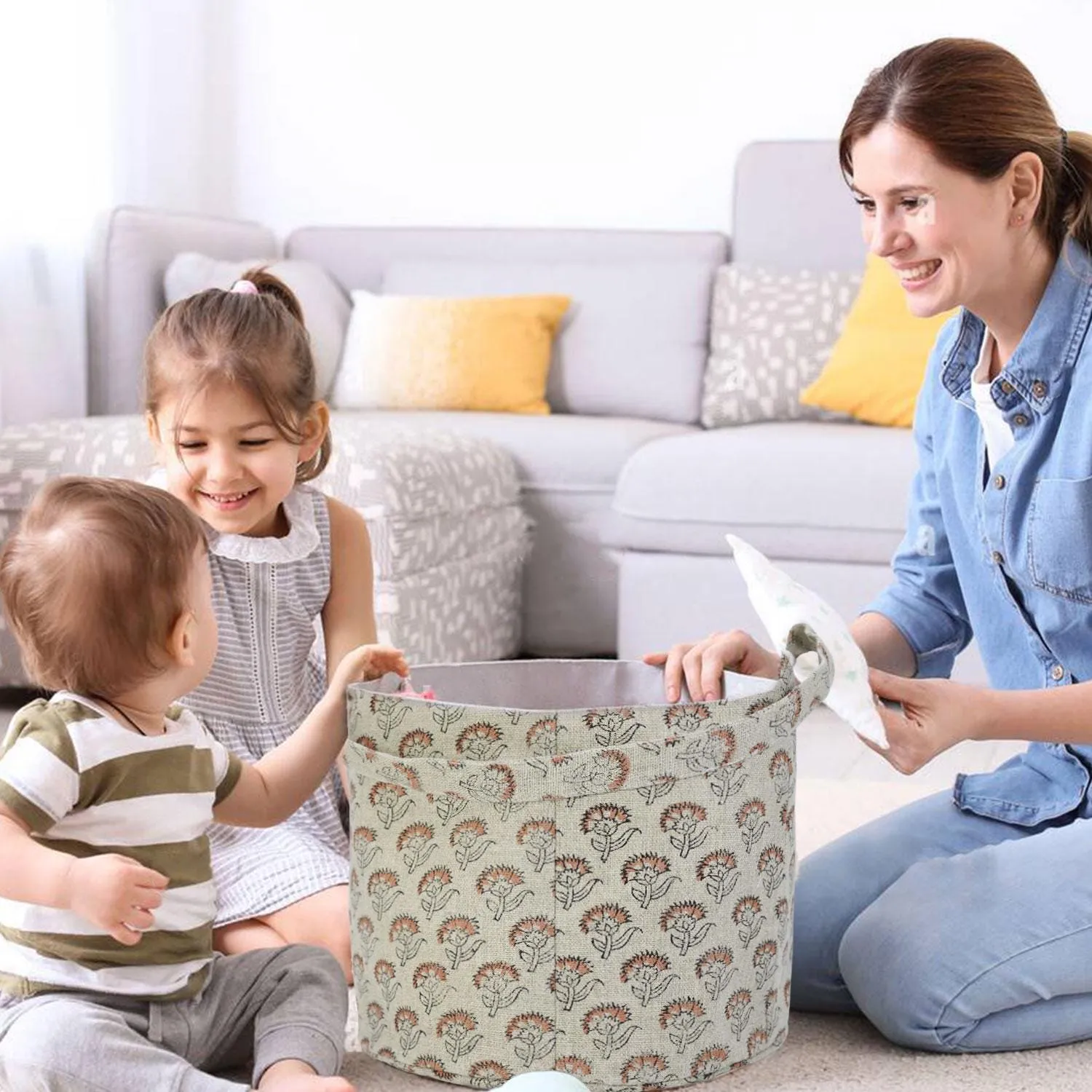 LINEN BLOCK PRINTED BASKETS STORAGE & ORGANIZER BIN – SHOPPING & GIFT BASKET - JUJU FLOWER