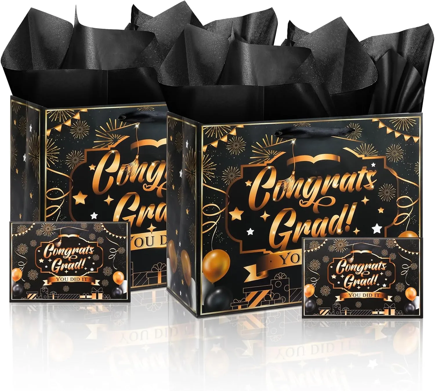 Liobelon 2 Pack Congrats Grad Gift Bags with Tissue Paper and Greeting Card Graduation Gift Bags 2025 Graduation Party Favors Bag for College Nursing School Celebration Party Supplies, Black Gold