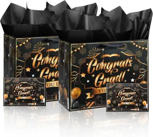 Liobelon 2 Pack Congrats Grad Gift Bags with Tissue Paper and Greeting Card Graduation Gift Bags 2025 Graduation Party Favors Bag for College Nursing School Celebration Party Supplies, Black Gold