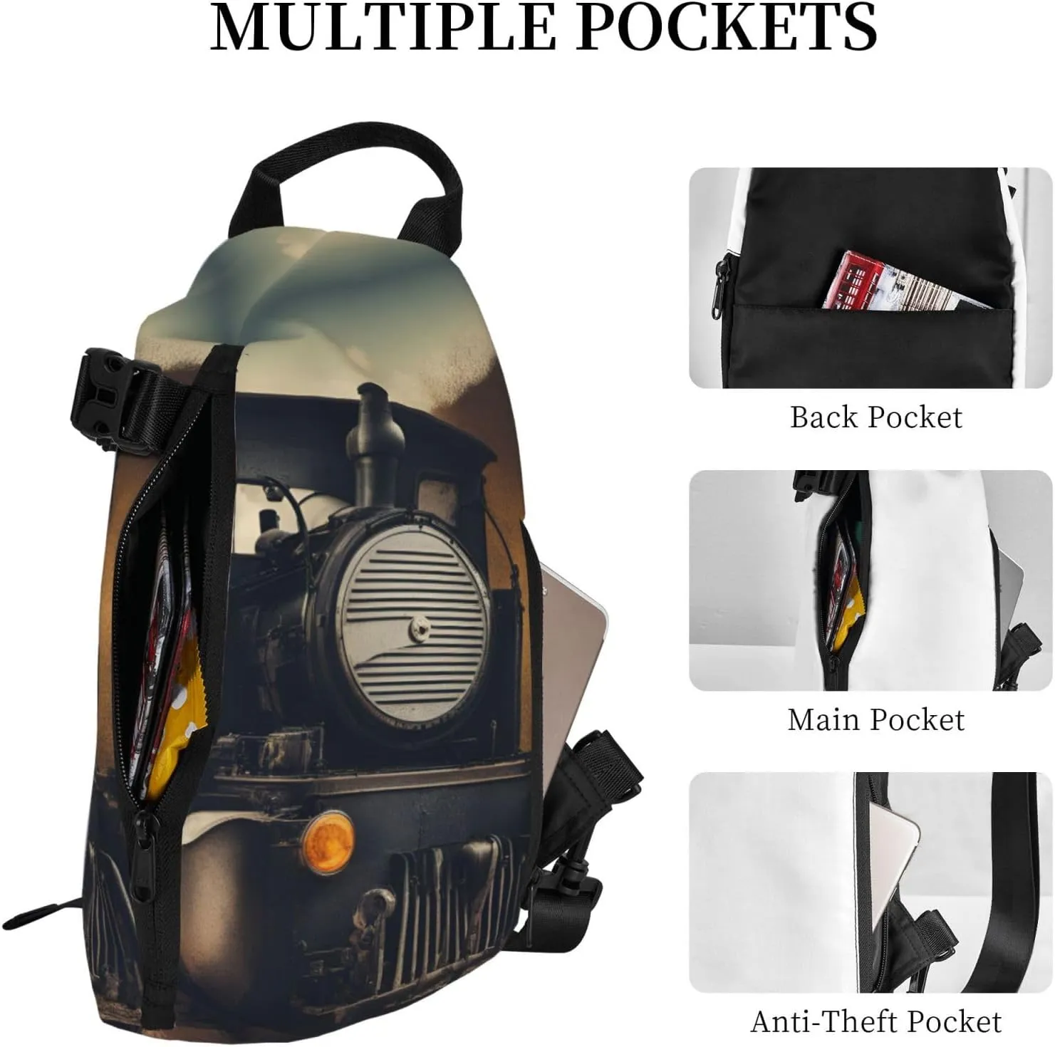 Locomotive Print Crossbody Backpack Casual Adjustable Bag Multifunctional Sling Backpack