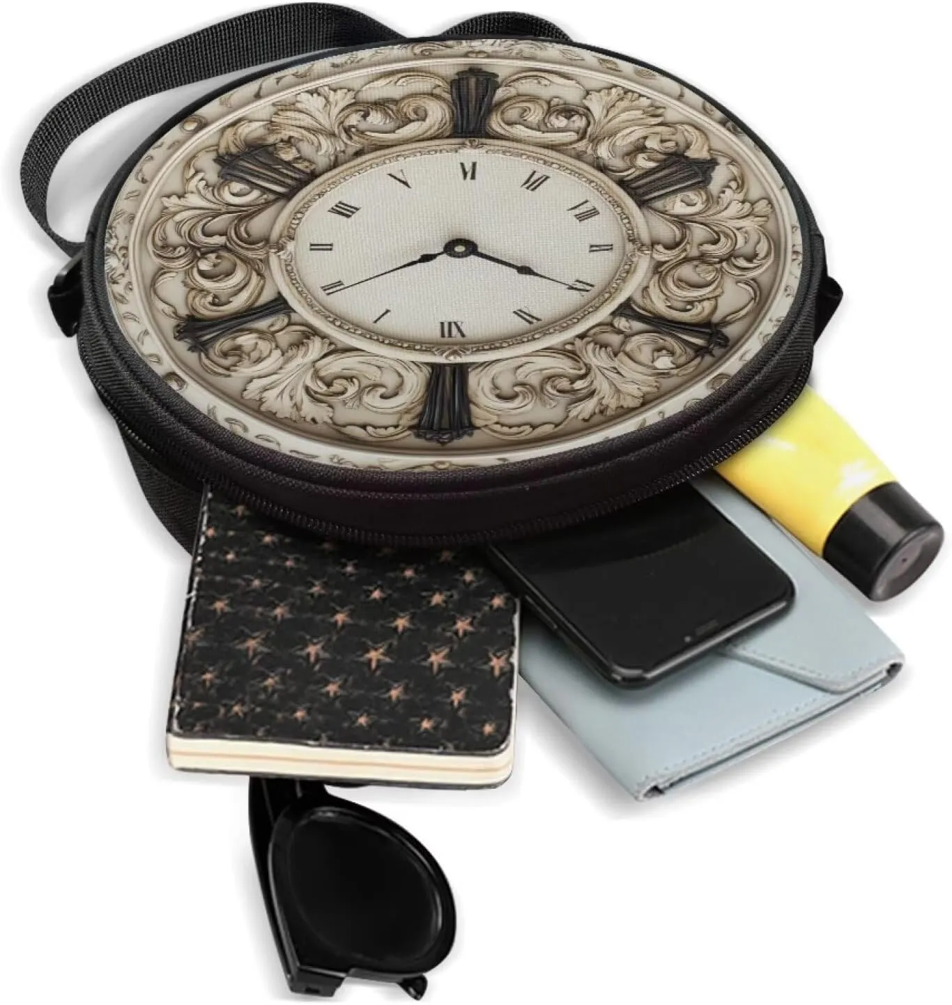 Lotusorchid Clock Print Small Crossbody Bag Round Purse Circle Shoulder Purse for Party Work (Not Real Clock)