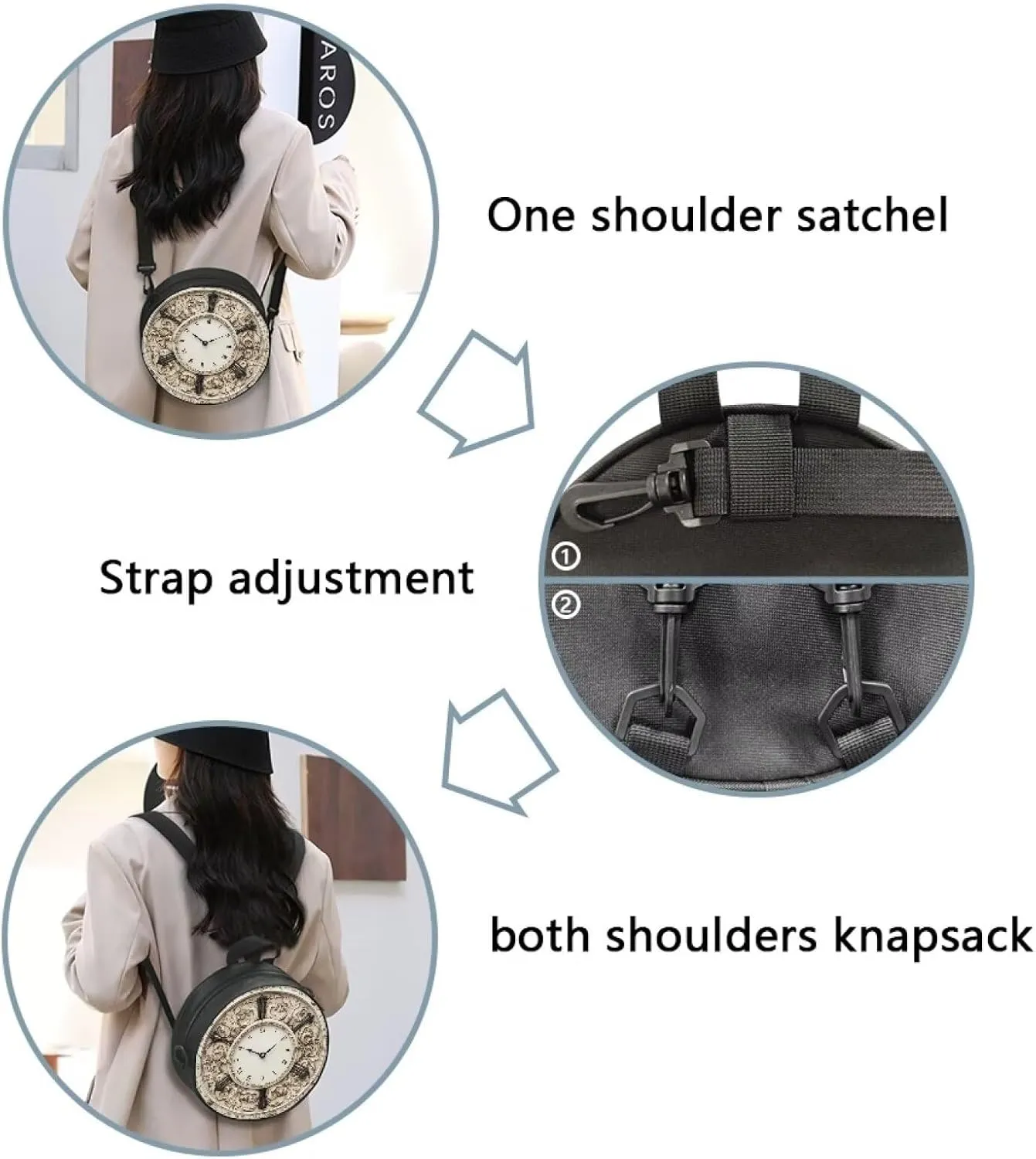 Lotusorchid Clock Print Small Crossbody Bag Round Purse Circle Shoulder Purse for Party Work (Not Real Clock)