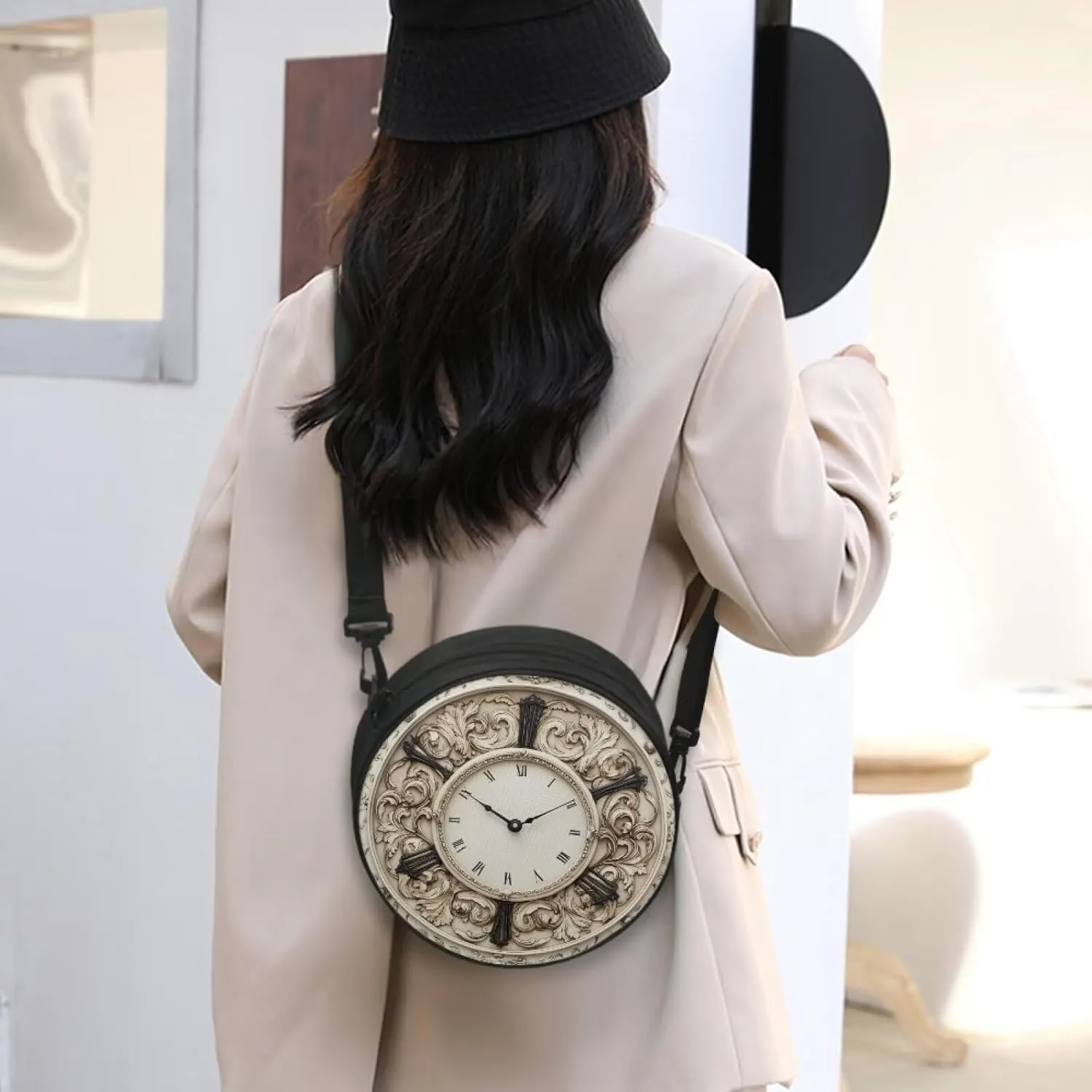 Lotusorchid Clock Print Small Crossbody Bag Round Purse Circle Shoulder Purse for Party Work (Not Real Clock)