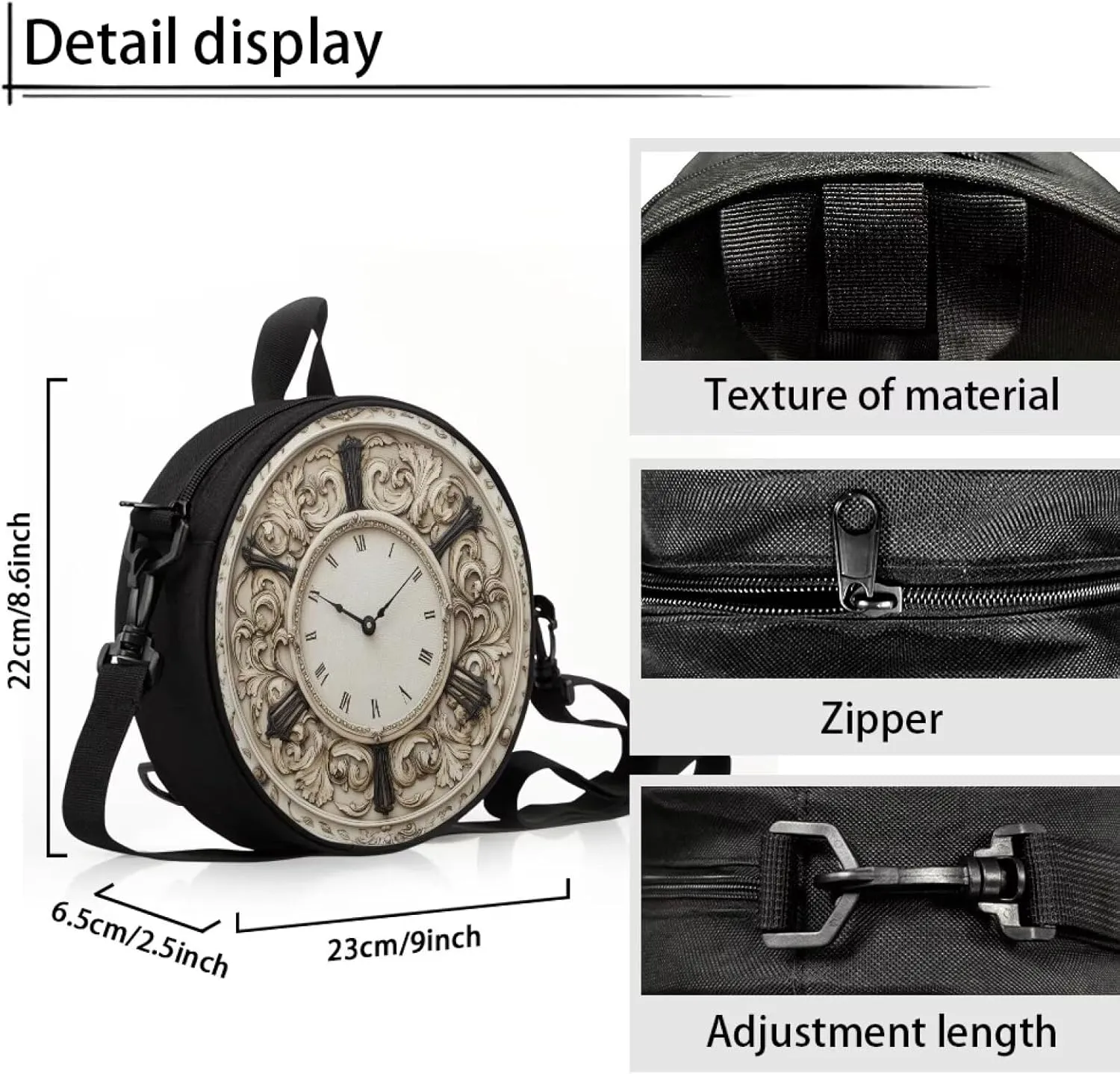 Lotusorchid Clock Print Small Crossbody Bag Round Purse Circle Shoulder Purse for Party Work (Not Real Clock)