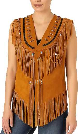 LP-FACON Womens Native American Jacket Indians Cowgirl Fringe Western Wear Suede Leather Brown Vest