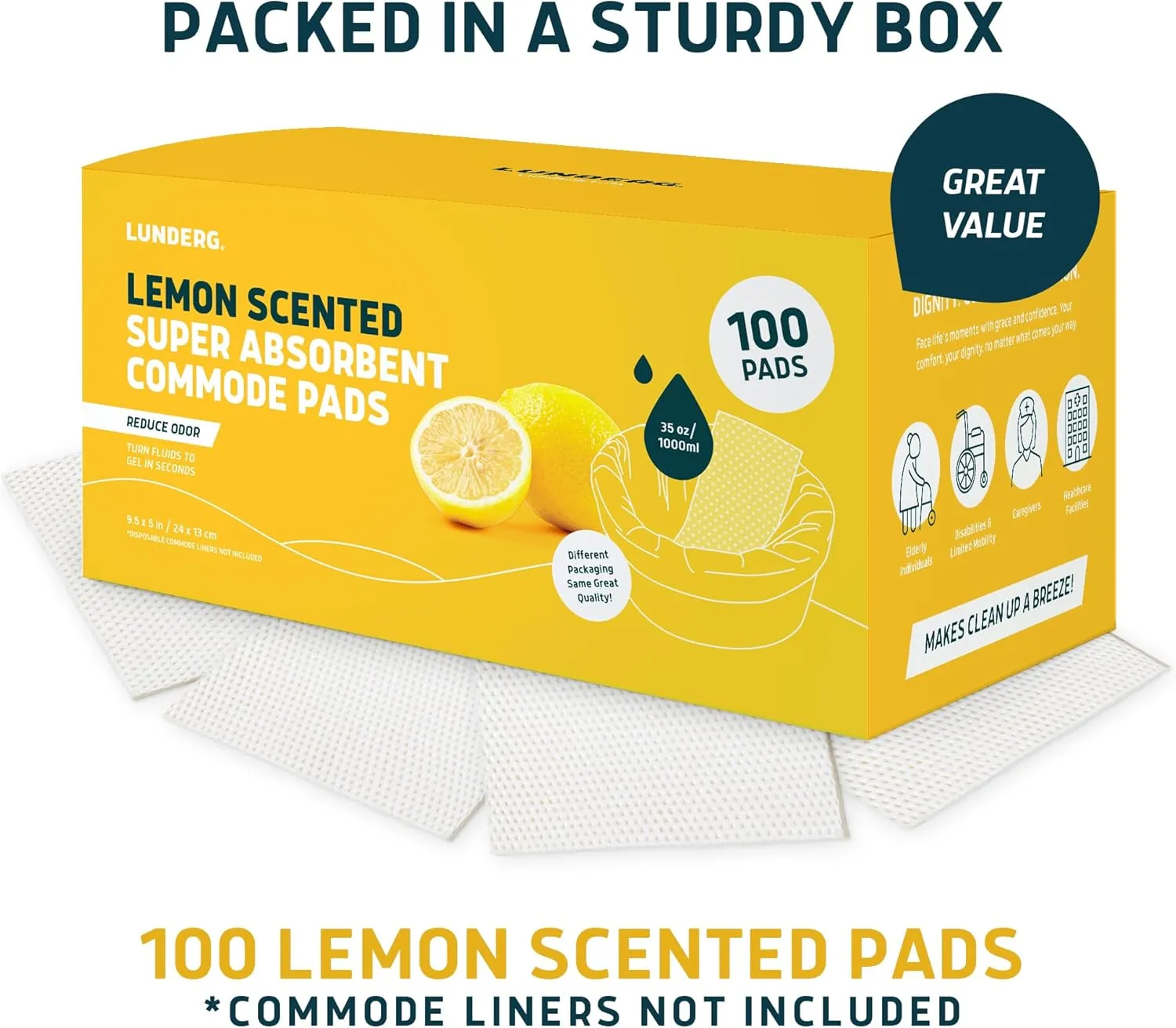 Lunderg Lemon Scented Super Absorbent Commode Pads - Medical Grade Value Pack 100 Count - for Disposable Bedside Commode Liners, Adult Chairs, Portable Buckets & Camping Toilet Bags - Light Scent