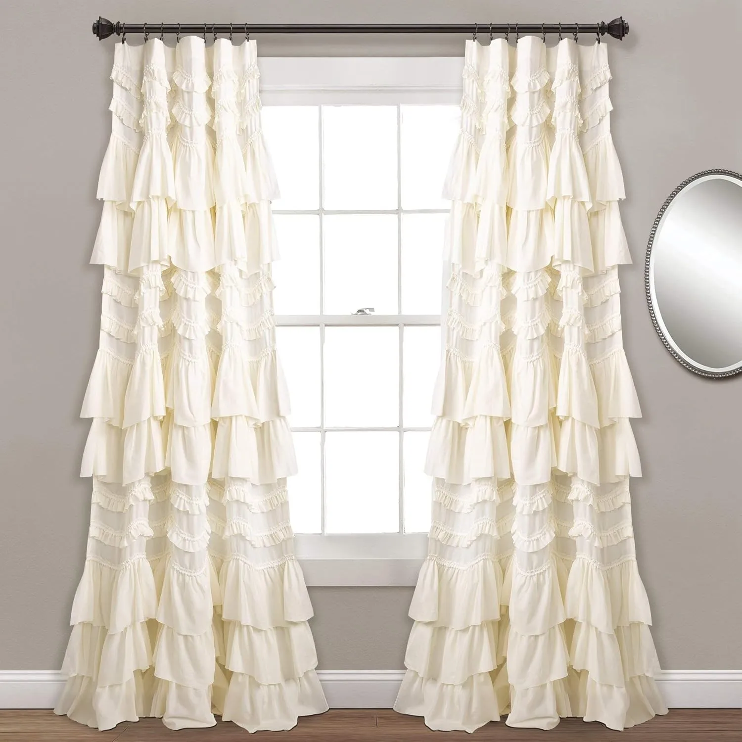 Lush Decor Kemmy Curtain | Ruffled, Textured Shabby Chic Style Window Panel for Living, Dining Room, Bedroom (Single), 84” x 52”, Ivory