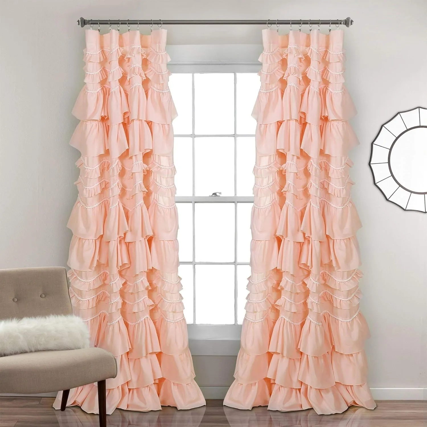 Lush Decor Kemmy Curtain | Ruffled, Textured Shabby Chic Style Window Panel for Living, Dining Room, Bedroom (Single), 84” x 52”, Ivory