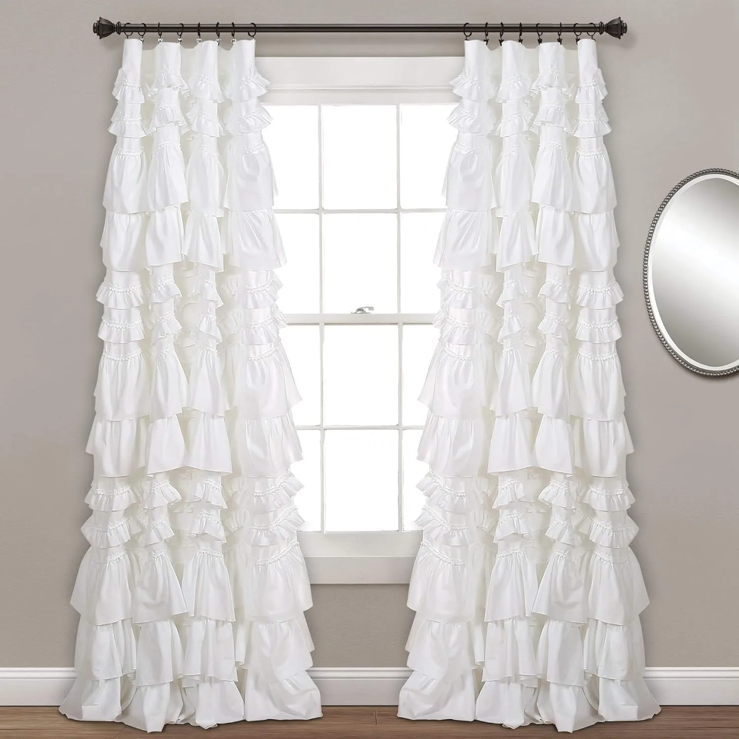 Lush Decor Kemmy Curtain | Ruffled, Textured Shabby Chic Style Window Panel for Living, Dining Room, Bedroom (Single), 84” x 52”, Ivory