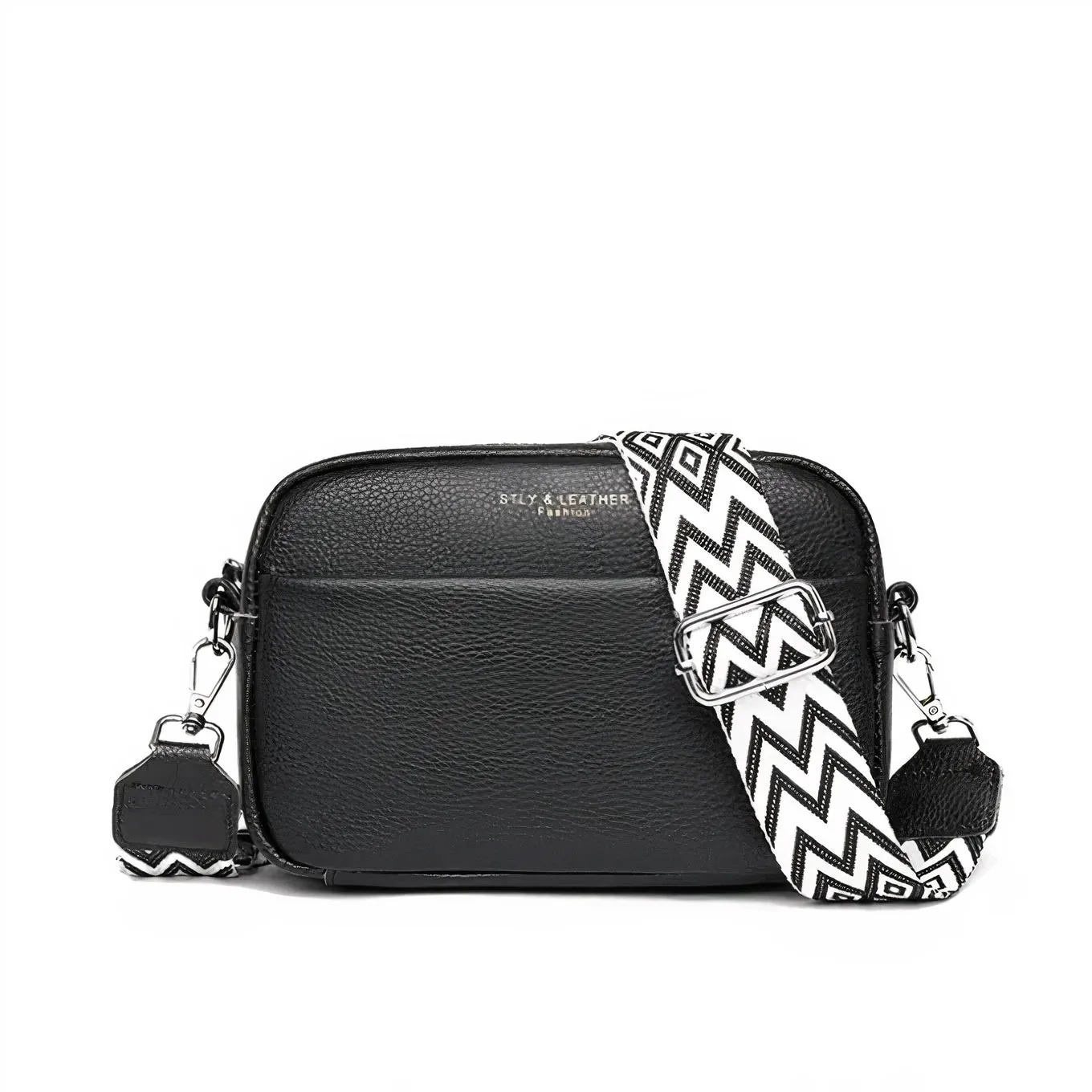 Luxury Black Leather Crossbody Bag with Geometric Strap