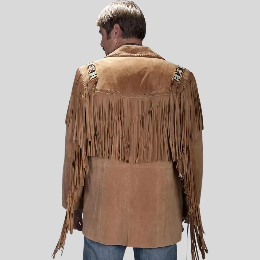 Luxury Brown Suede Fringe Jacket For Trendy Outfits