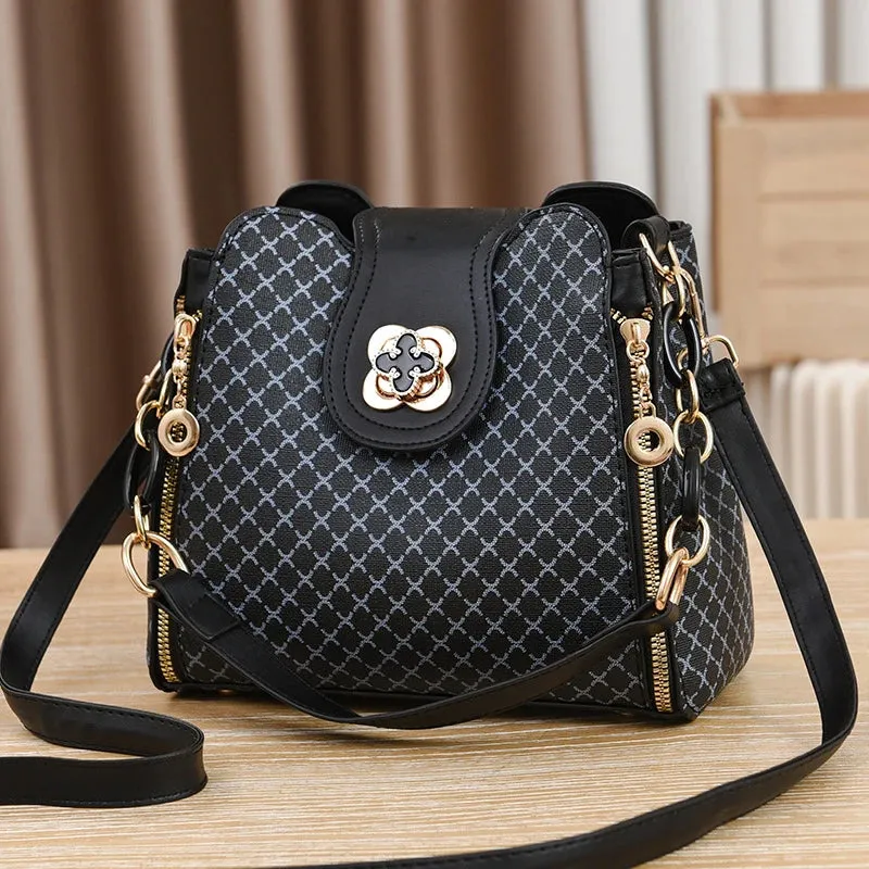 Luxury Design Women’s Handbag – New Bucket Shoulder Crossbody Bag with Flip Check Print, Large Capacity