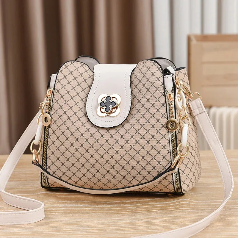 Luxury Design Women’s Handbag – New Bucket Shoulder Crossbody Bag with Flip Check Print, Large Capacity