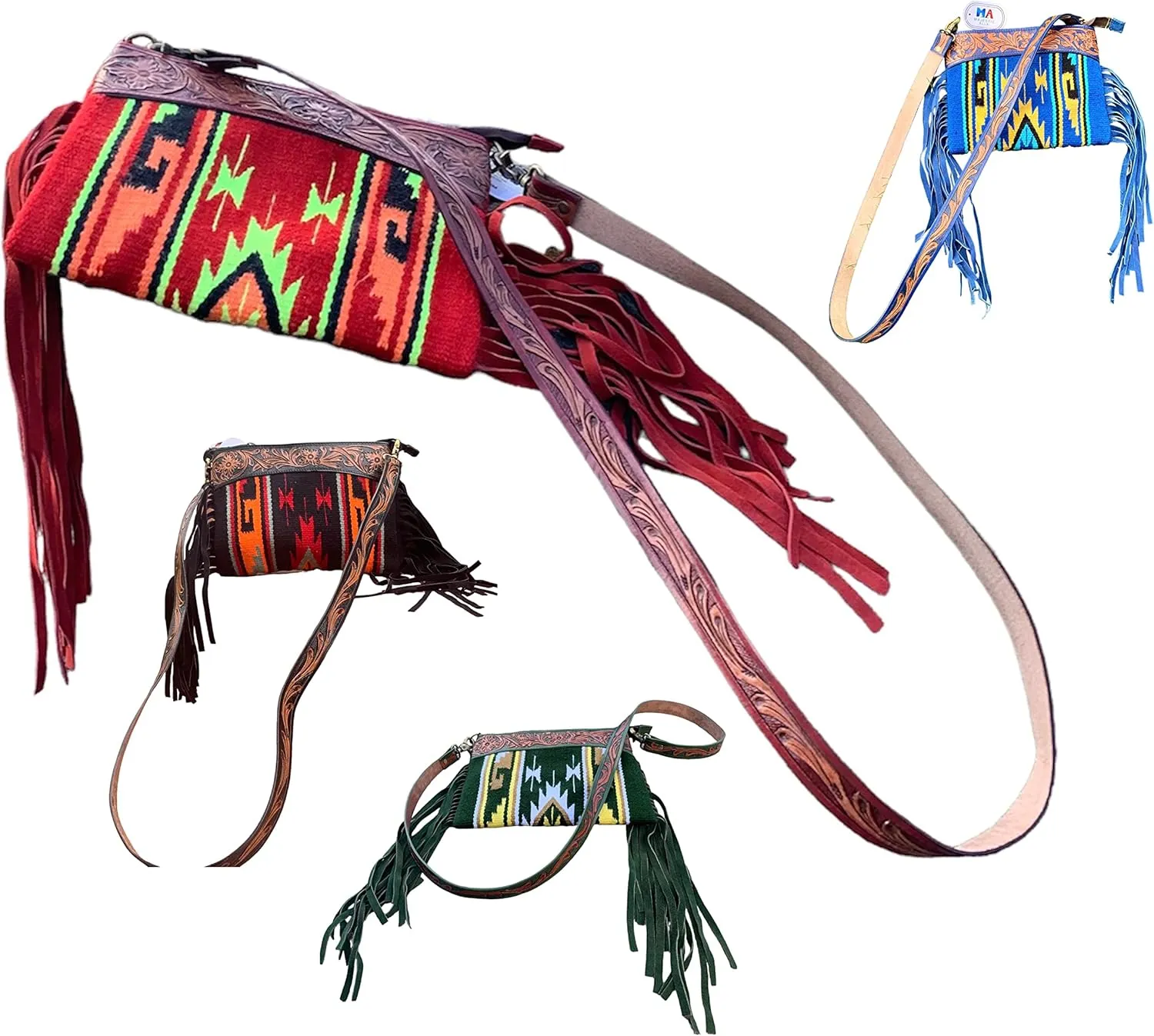 Majestic Ally Hand-Tooled Pure Leather Crossbody Bag, Crafted with Cashmere Wool and Enhanced by Coordinating Leather Fringe