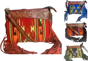 Majestic Ally Hand-Tooled Pure Leather Crossbody Bag, Crafted with Cashmere Wool and Enhanced by Coordinating Leather Fringe