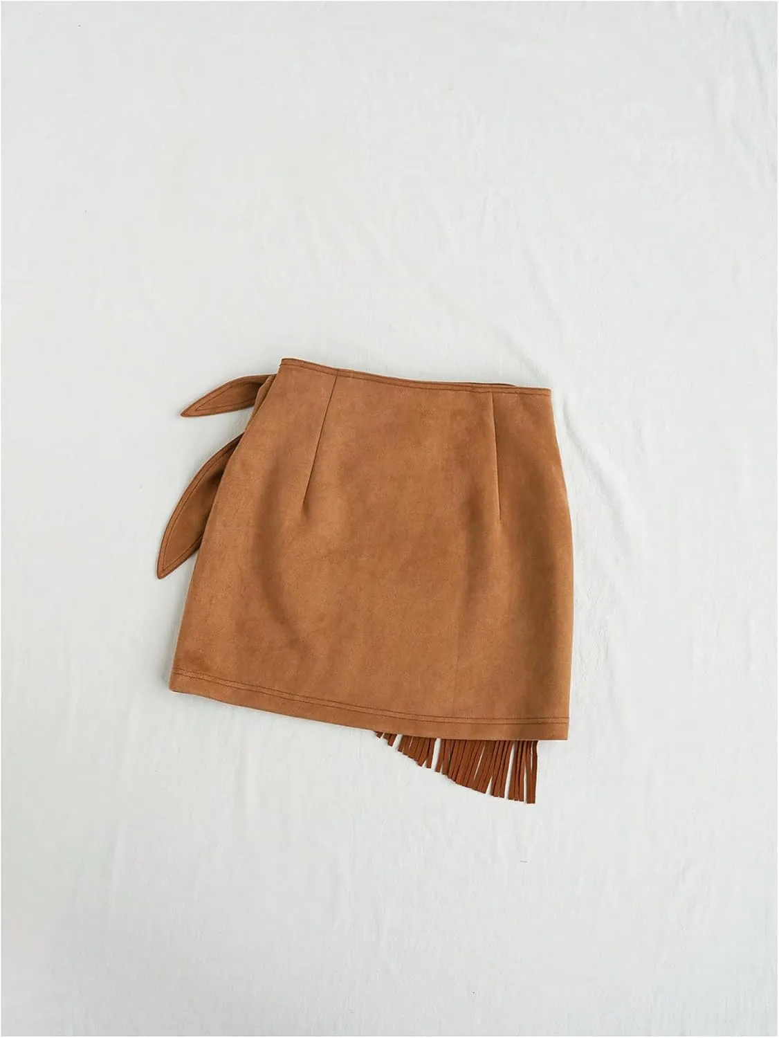 MakeMeChic Women's Faux Suede Mini Skirt Wrap Asymmetrical Knot Side Fringe Bodycon Skirts