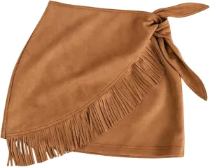 MakeMeChic Women's Faux Suede Mini Skirt Wrap Asymmetrical Knot Side Fringe Bodycon Skirts
