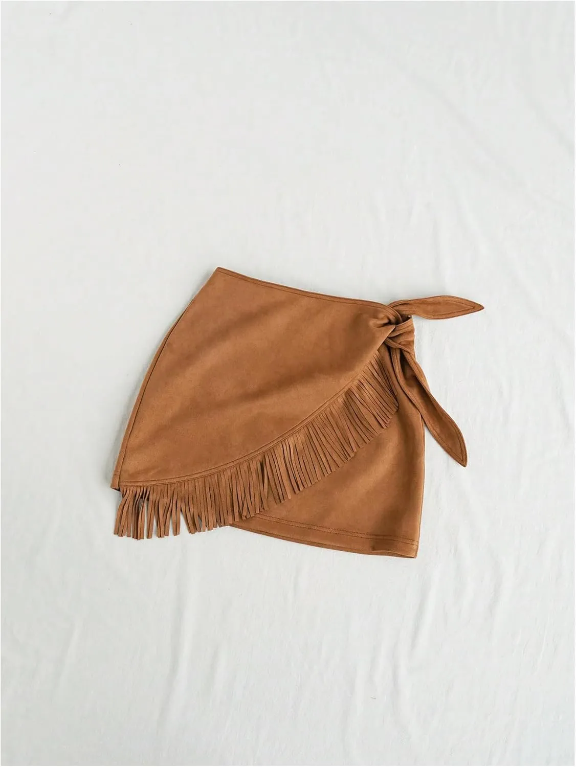 MakeMeChic Women's Faux Suede Mini Skirt Wrap Asymmetrical Knot Side Fringe Bodycon Skirts