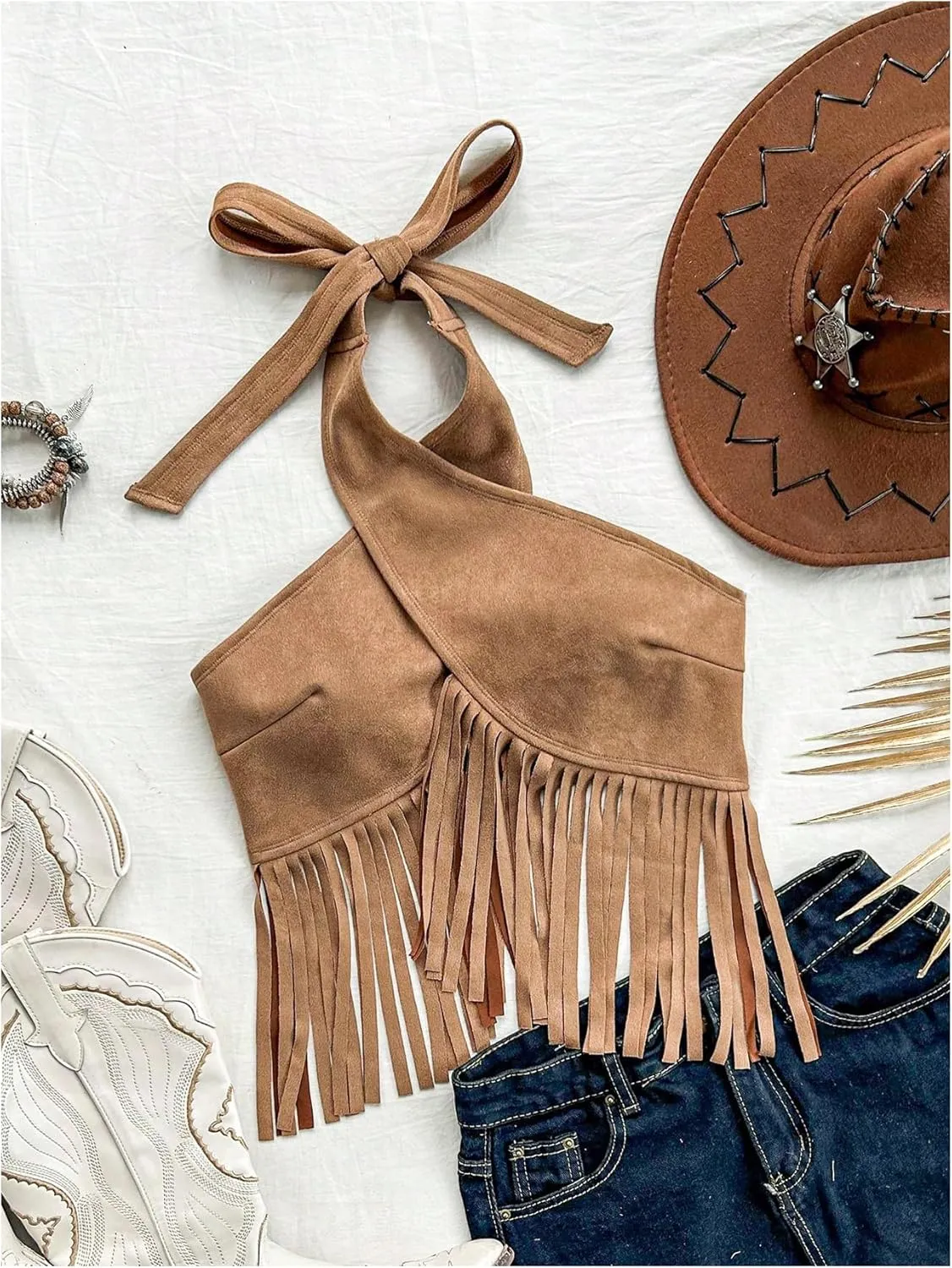 MakeMeChic Women's Suede Criss Cross Halter Crop Tops Backless Fringe Vintage Tank