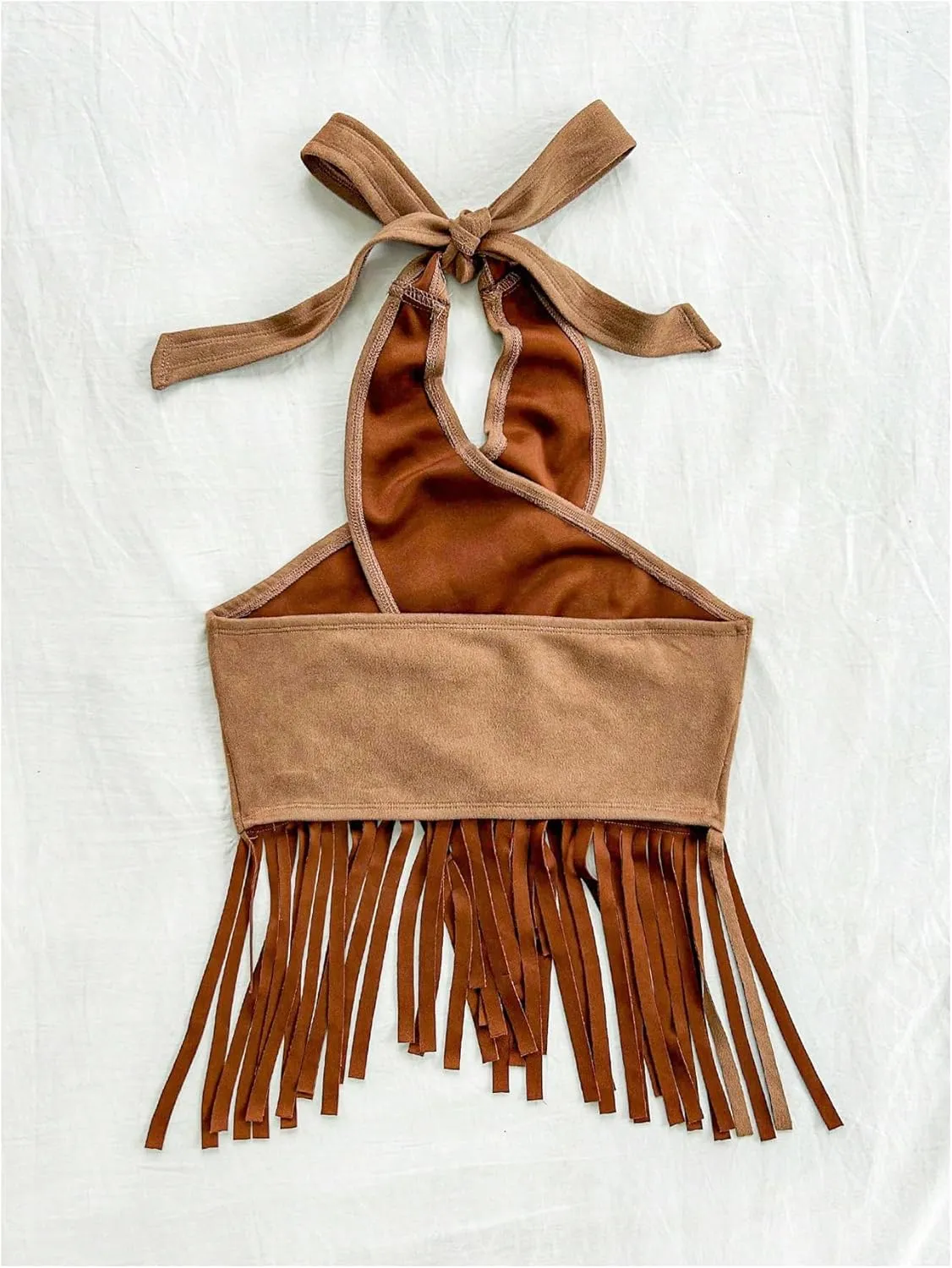 MakeMeChic Women's Suede Criss Cross Halter Crop Tops Backless Fringe Vintage Tank
