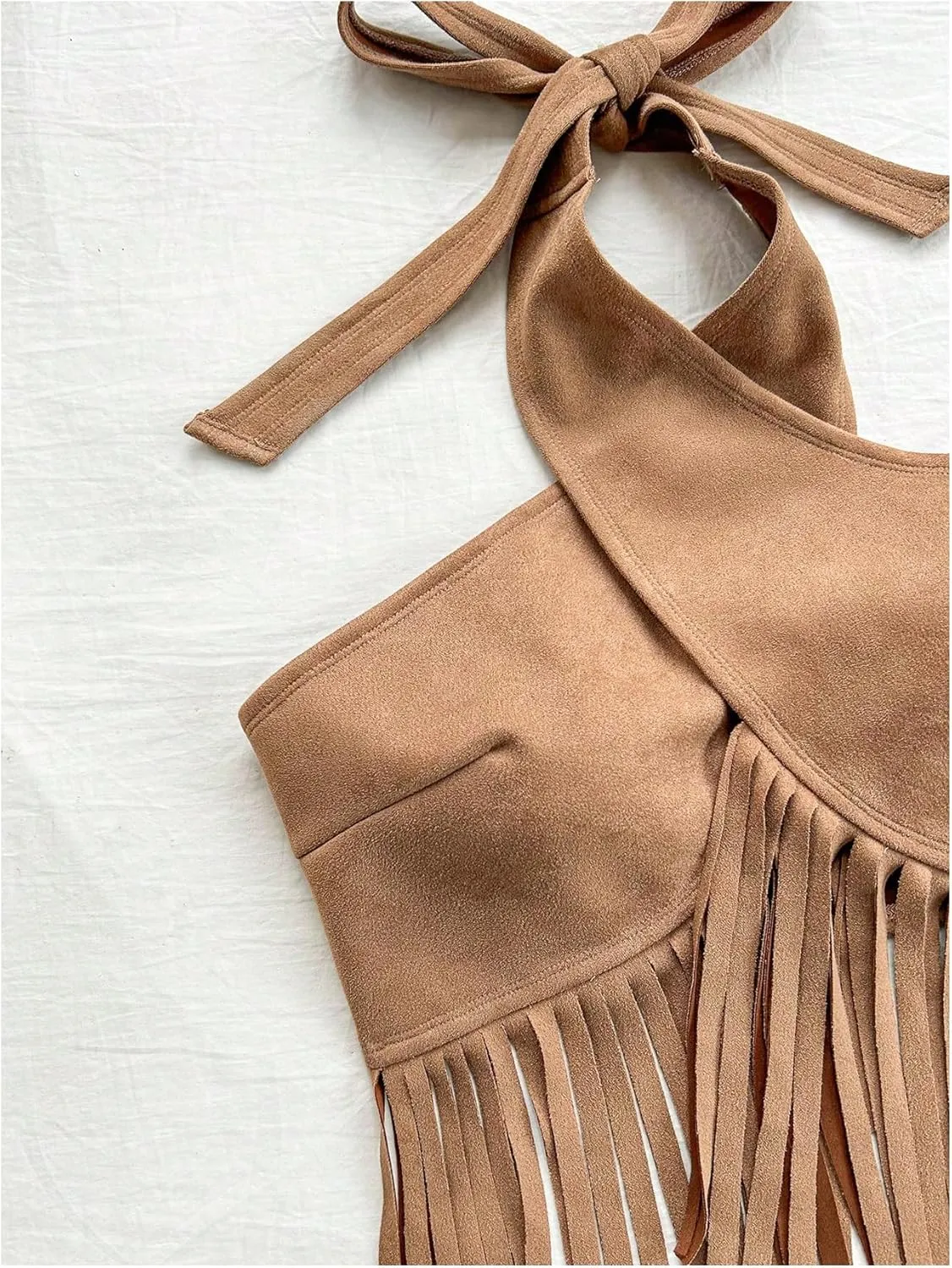 MakeMeChic Women's Suede Criss Cross Halter Crop Tops Backless Fringe Vintage Tank