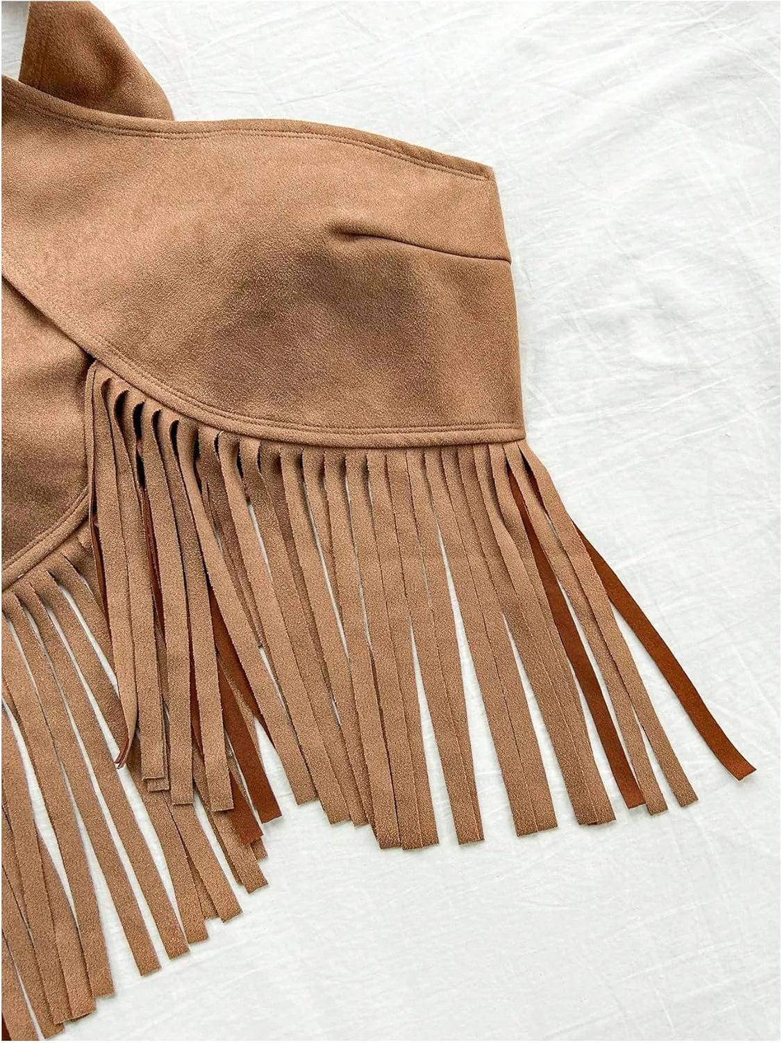 MakeMeChic Women's Suede Criss Cross Halter Crop Tops Backless Fringe Vintage Tank