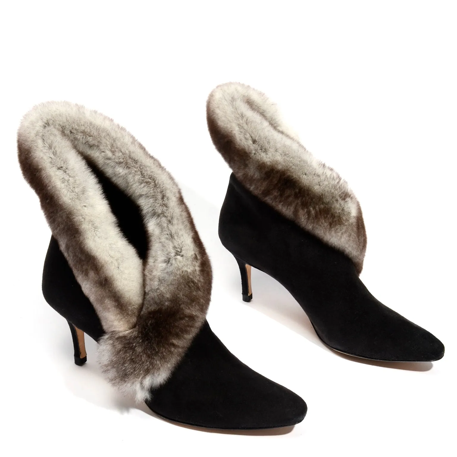 Manolo Blahnik Black Suede Booties With Mink Fur Trim 36.5