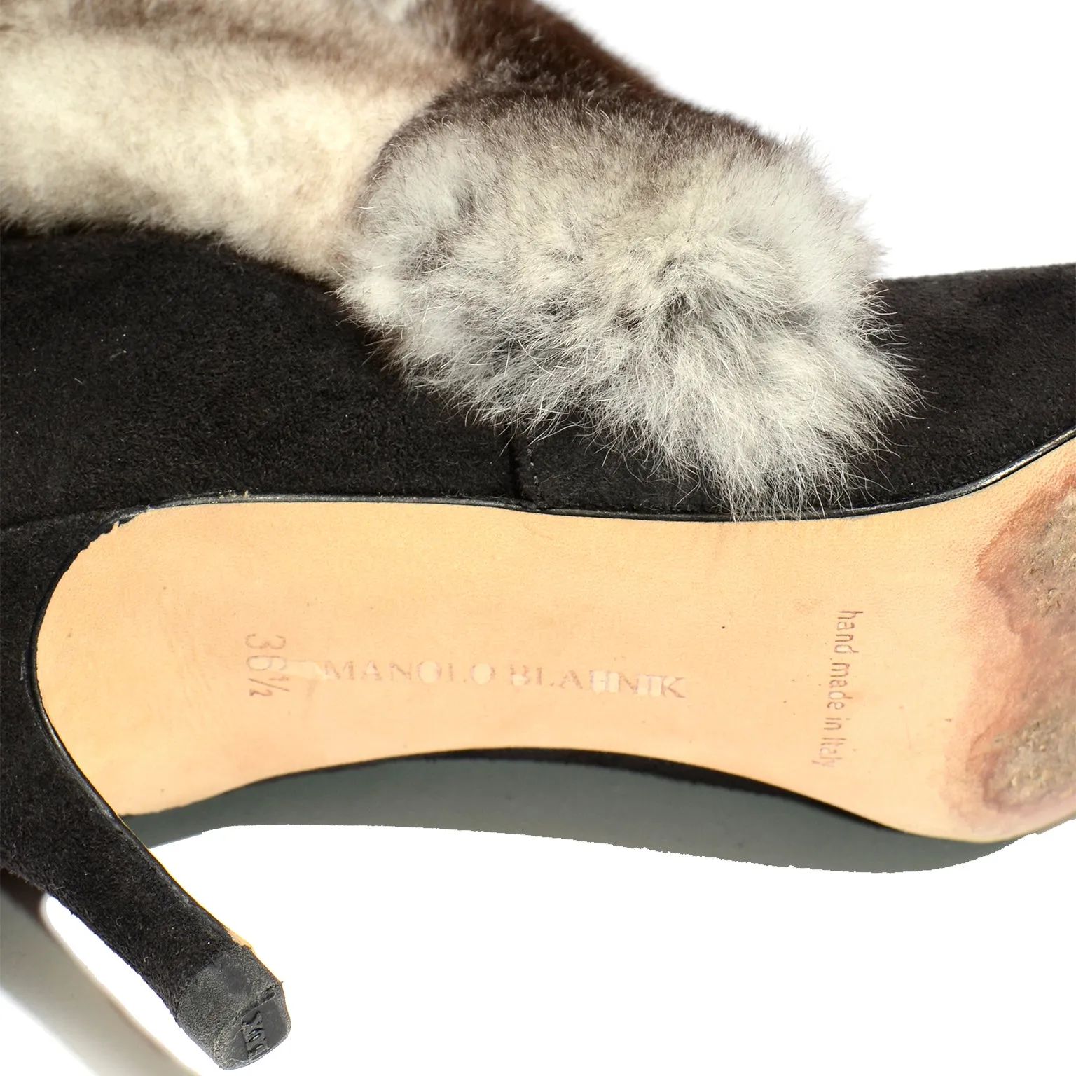 Manolo Blahnik Black Suede Booties With Mink Fur Trim 36.5