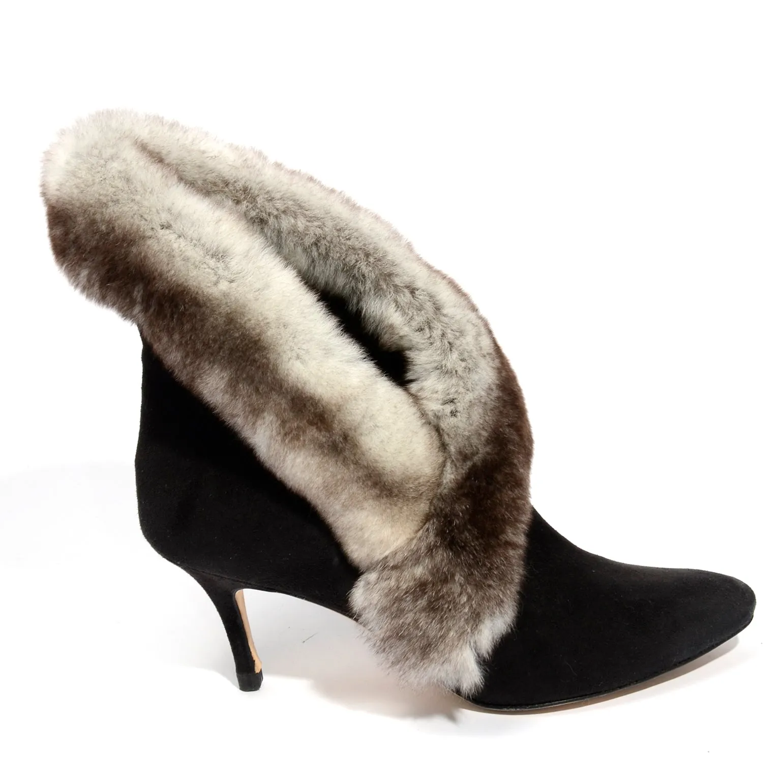 Manolo Blahnik Black Suede Booties With Mink Fur Trim 36.5