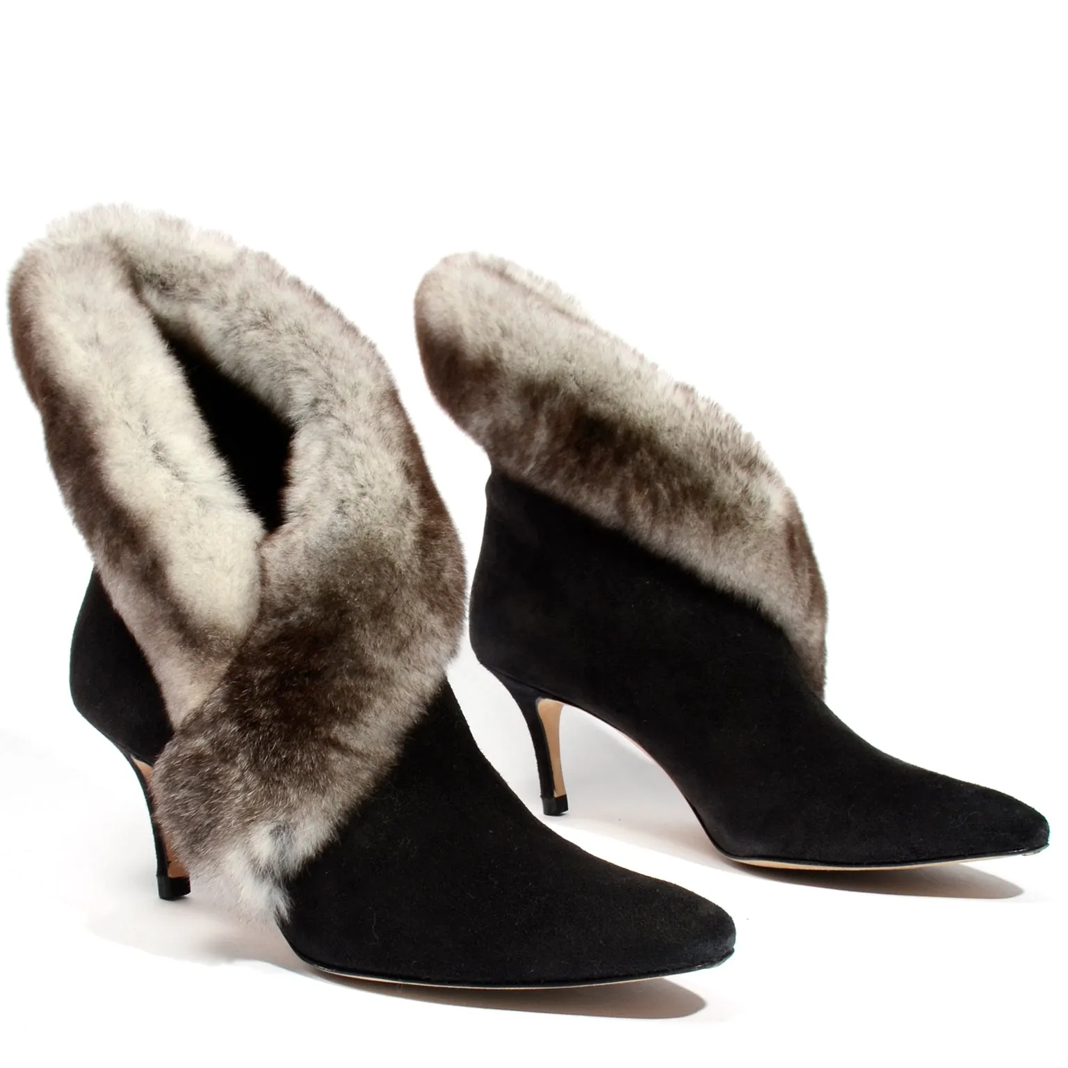 Manolo Blahnik Black Suede Booties With Mink Fur Trim 36.5