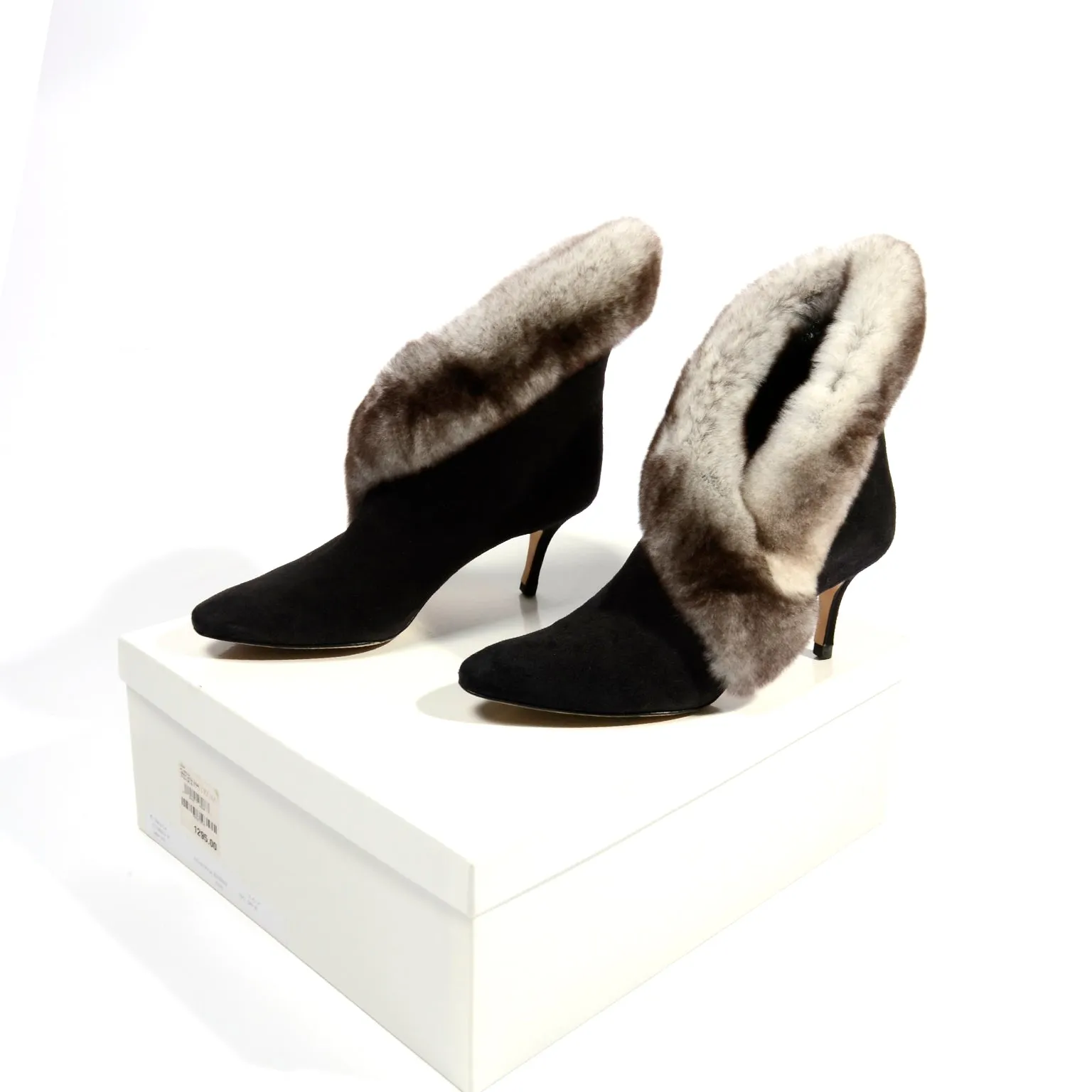 Manolo Blahnik Black Suede Booties With Mink Fur Trim 36.5