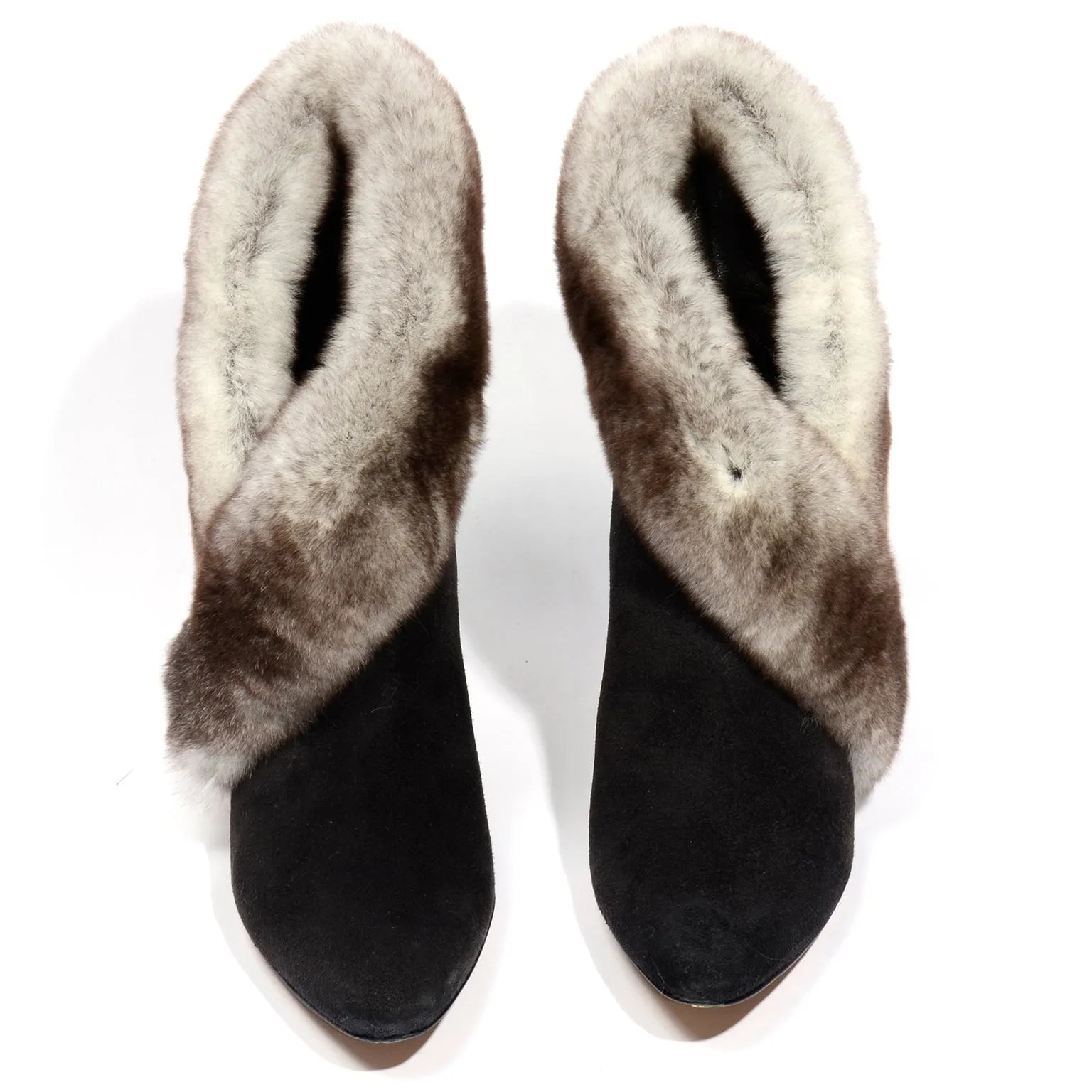 Manolo Blahnik Black Suede Booties With Mink Fur Trim 36.5