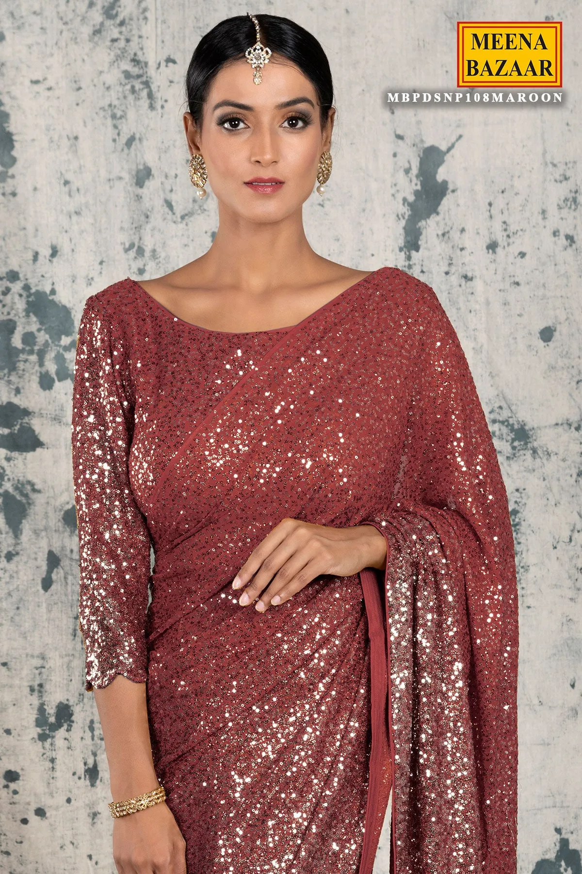Maroon Georgette Sequins Embroidered Saree