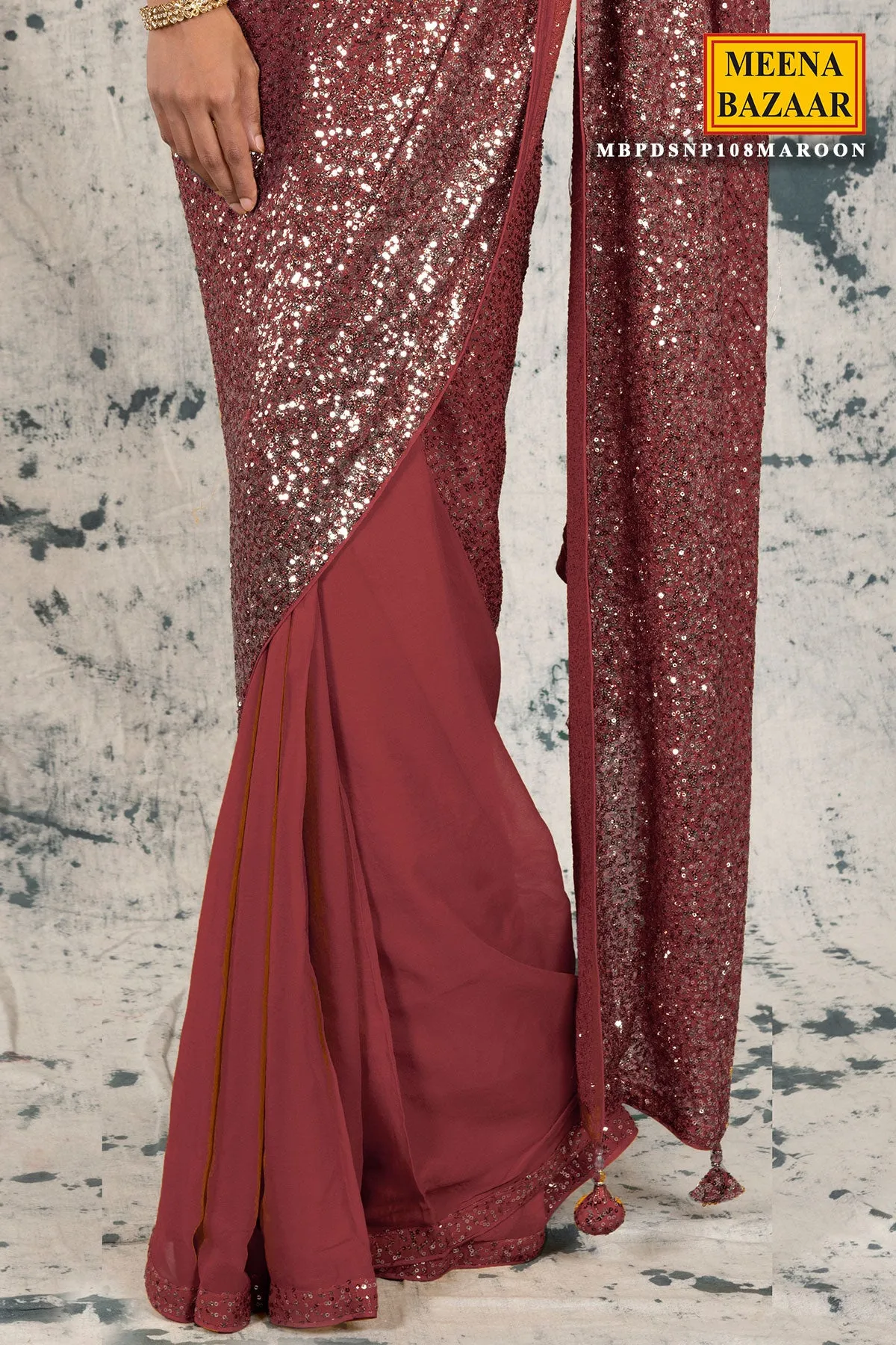 Maroon Georgette Sequins Embroidered Saree