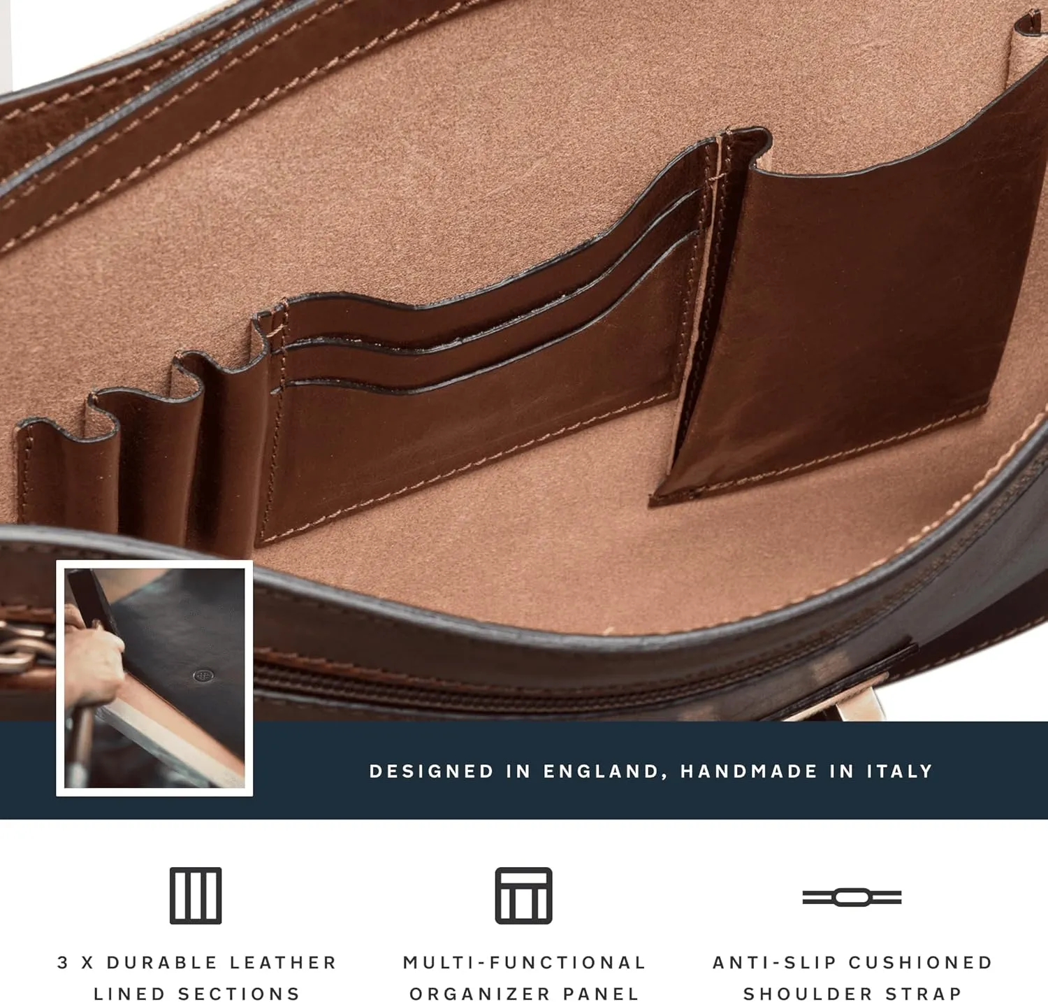 Maxwell Scott - Mens Luxury Full Grain Leather Classic Work Briefcase with Shoulder Strap - 3 Section - The Paolo3