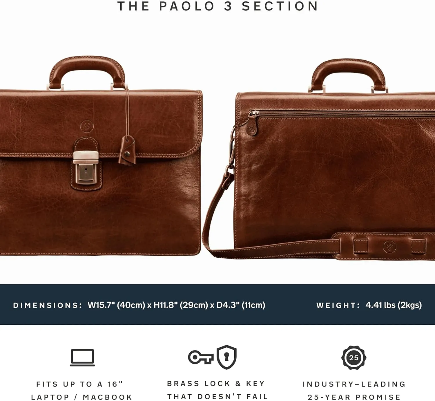 Maxwell Scott - Mens Luxury Full Grain Leather Classic Work Briefcase with Shoulder Strap - 3 Section - The Paolo3