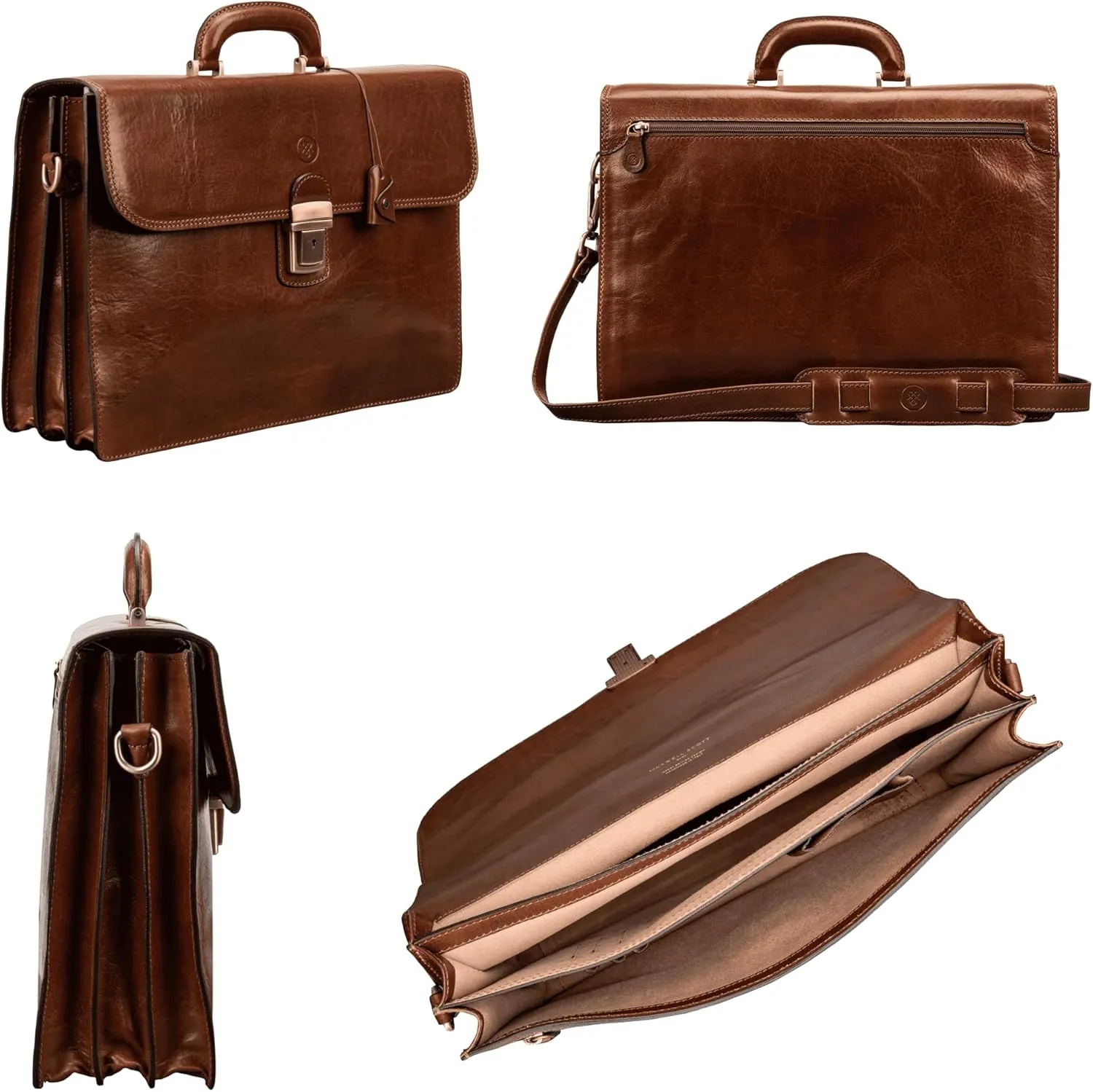 Maxwell Scott - Mens Luxury Full Grain Leather Classic Work Briefcase with Shoulder Strap - 3 Section - The Paolo3