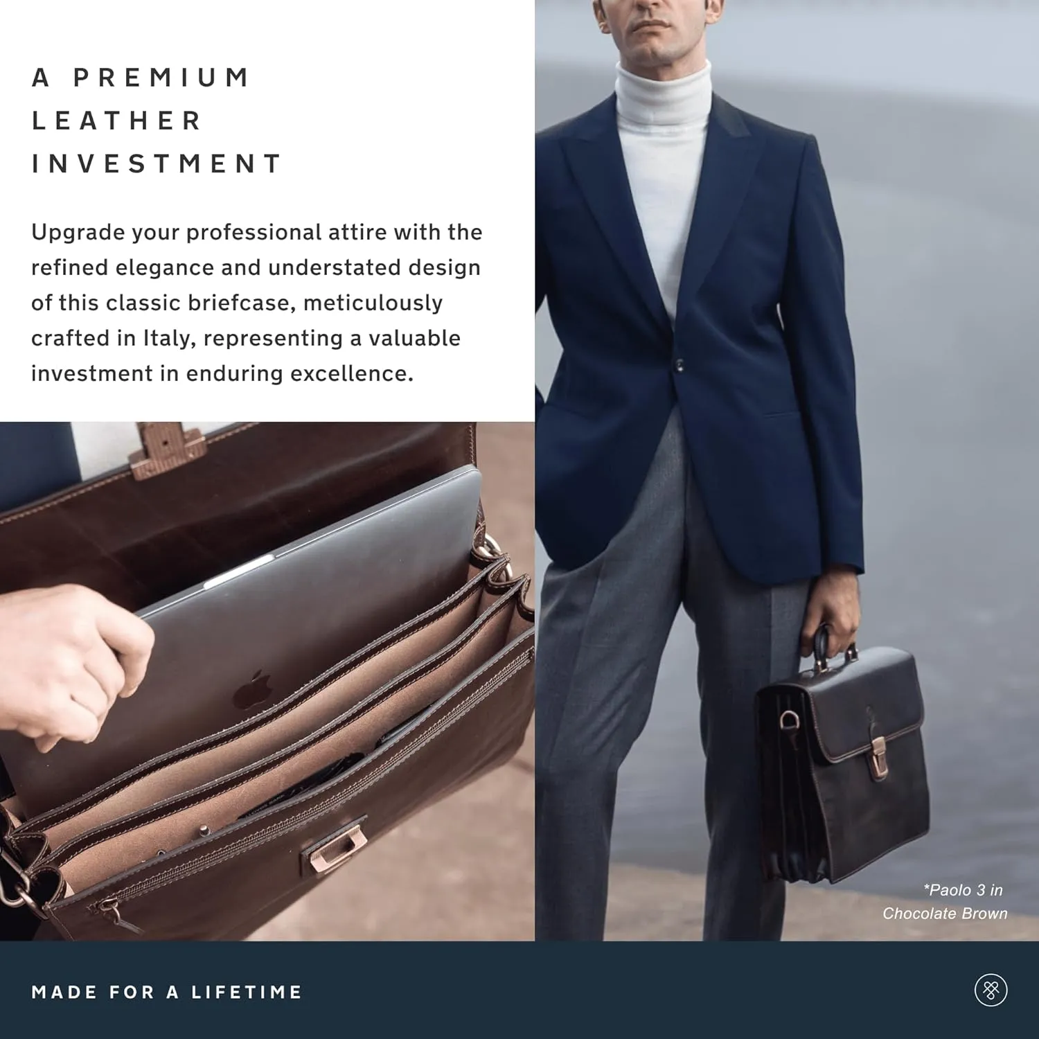 Maxwell Scott - Mens Luxury Full Grain Leather Classic Work Briefcase with Shoulder Strap - 3 Section - The Paolo3