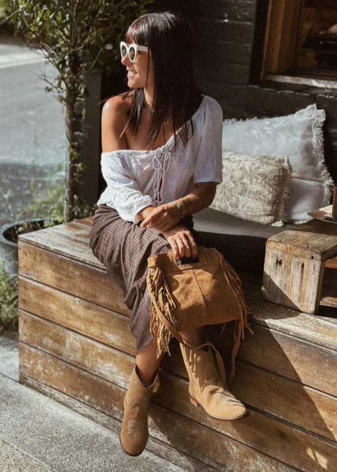 Maya Handbag – Brown Suede Fringe Crossbody Bag