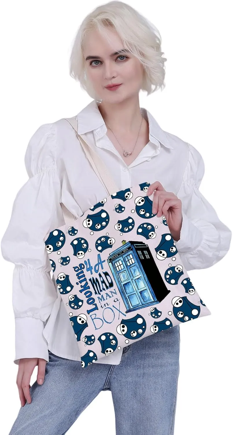 MBMSO Dr Movies Tote Bag Dr Movies Inspired Gifts for Doctor Series Fans Looking 4a Mad Man in a Box Bag Blue Police Box Gift