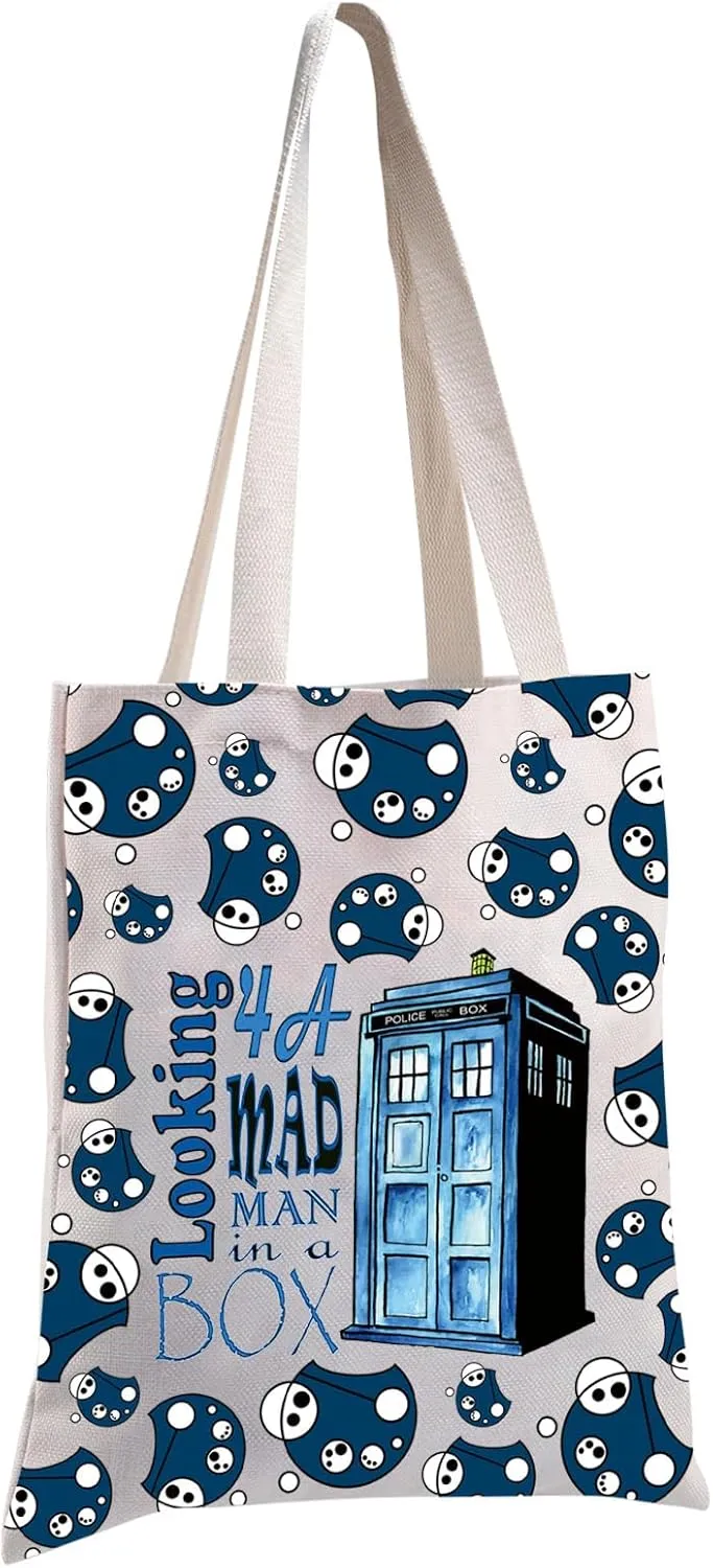 MBMSO Dr Movies Tote Bag Dr Movies Inspired Gifts for Doctor Series Fans Looking 4a Mad Man in a Box Bag Blue Police Box Gift