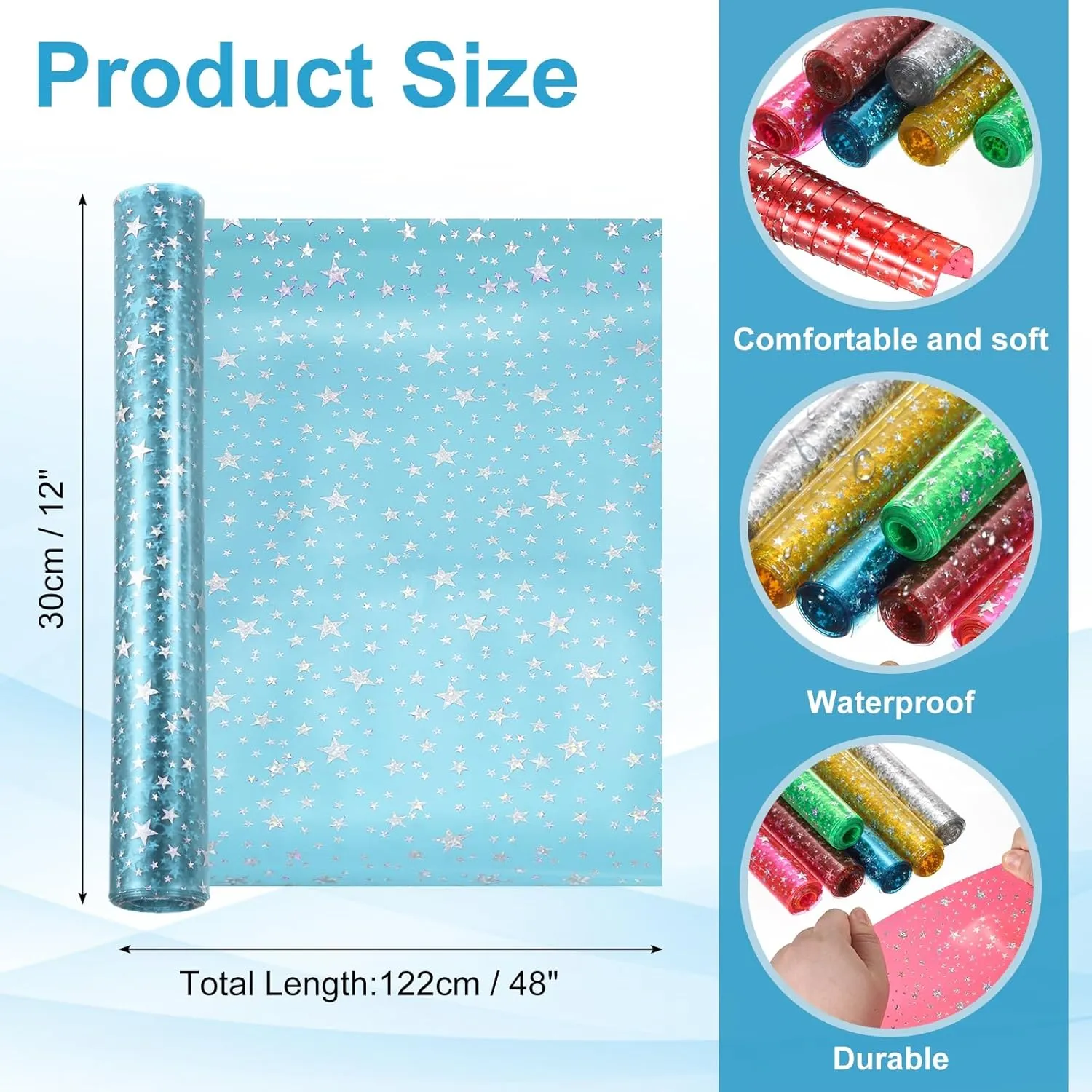 MECCANIXITY Holographic Clear PVC Vinyl Film Glitter Star Holographic PVC Fabric Waterproof Dichroic Film 12 x 48 Inch for Handbags Bows Earrings DIY Craft,Blue