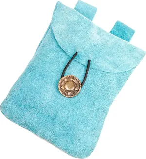 Medieval Leather Pouch, Viking Belt Bag, Renaissance Bag, Suede Leather Waist Purse for Renaissance Costume Accessories LARP Cosplay Coin Purse - Light Blue, 5.5” × 5.1”