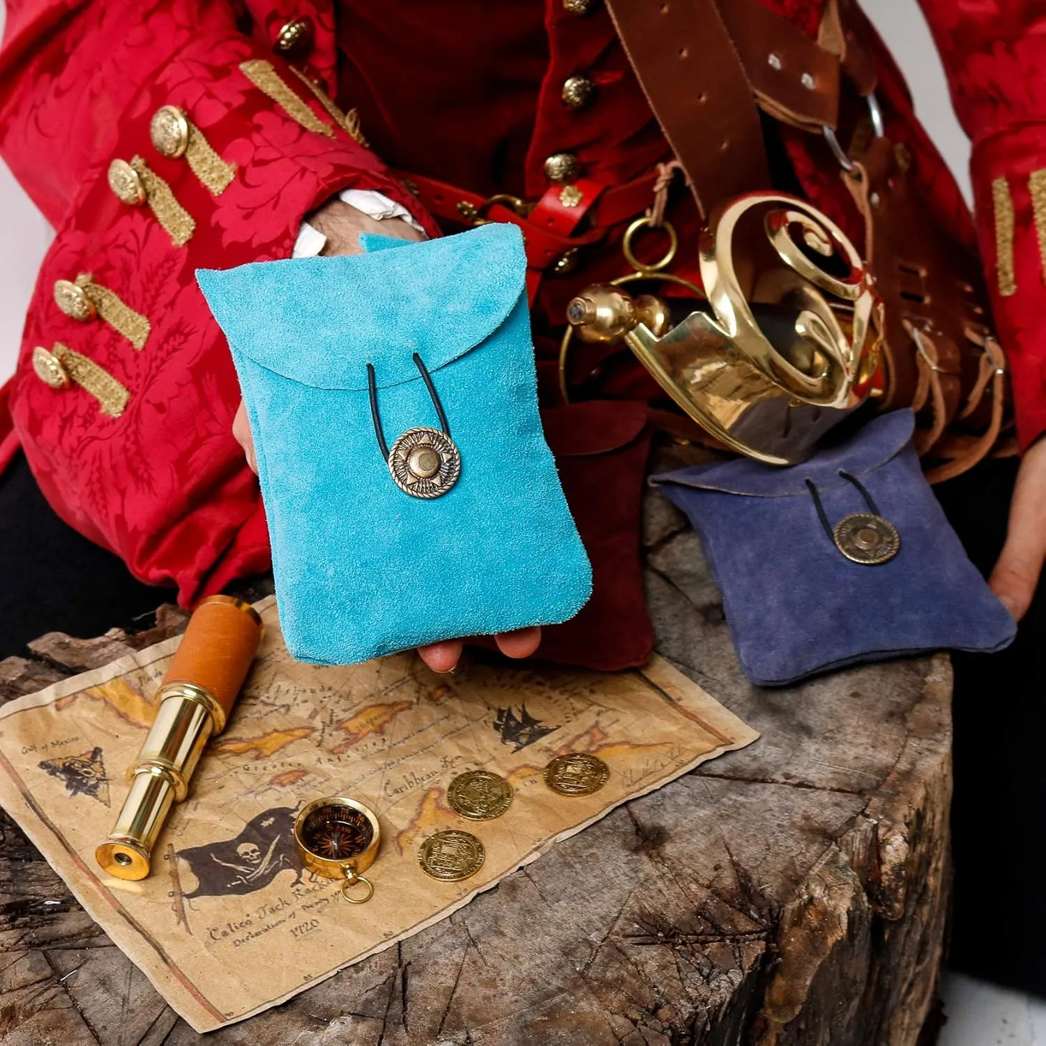 Medieval Leather Pouch, Viking Belt Bag, Renaissance Bag, Suede Leather Waist Purse for Renaissance Costume Accessories LARP Cosplay Coin Purse - Light Blue, 5.5” × 5.1”
