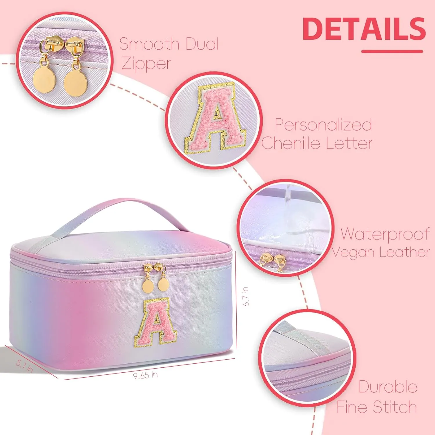 Meiyuuo Cute Makeup Bag for Girls Personalized Cosmetic Bags for Teens Monogrammed Travel Pro Pouch Toiletry Bag for Women Bridal Shower Birthday Gifts for Her Preppy Gradient Pink Initial A