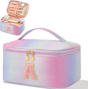 Meiyuuo Cute Makeup Bag for Girls Personalized Cosmetic Bags for Teens Monogrammed Travel Pro Pouch Toiletry Bag for Women Bridal Shower Birthday Gifts for Her Preppy Gradient Pink Initial A