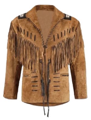 Men Hunter Style Native American Western Cowboy Leather Jacket Suede Fringe